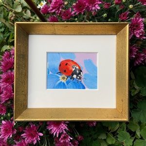 Original 3”x4” Ladybug Painting in Vintage Gold Frame. Matted & Glass